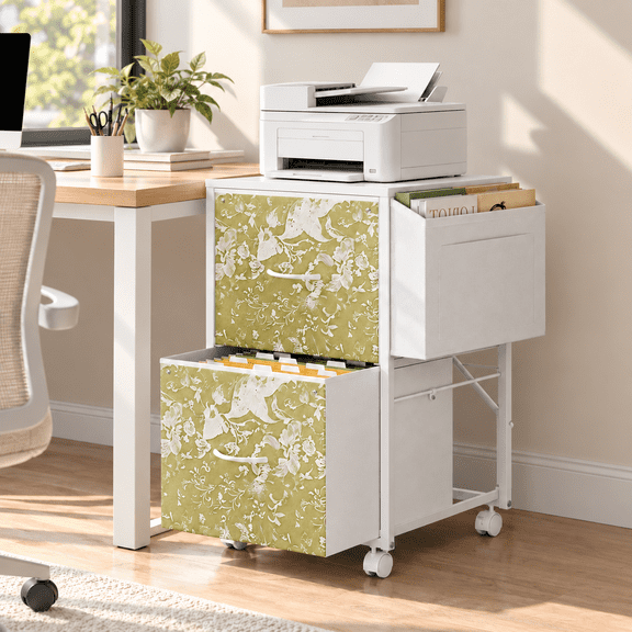 Ktaxon 2-Drawer Rolling File Cabinet with Wheels Side Bag, Fabric Drawers Printer Stand for Home Office, Fits Letter Size, White Green