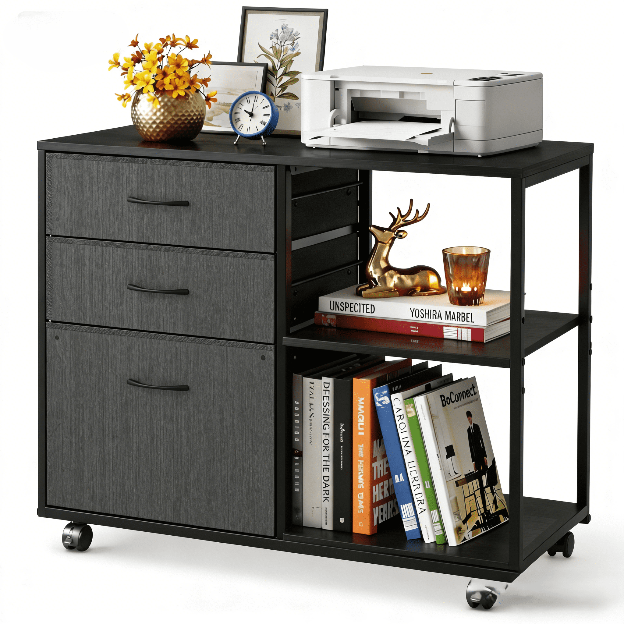 Ktaxon Rolling File Cabinet Under Desk Printer Stand with Shelves Adjustable, Mobile Lateral Filing Cabinet for Home Office, Fits Letter for Home Office, Black