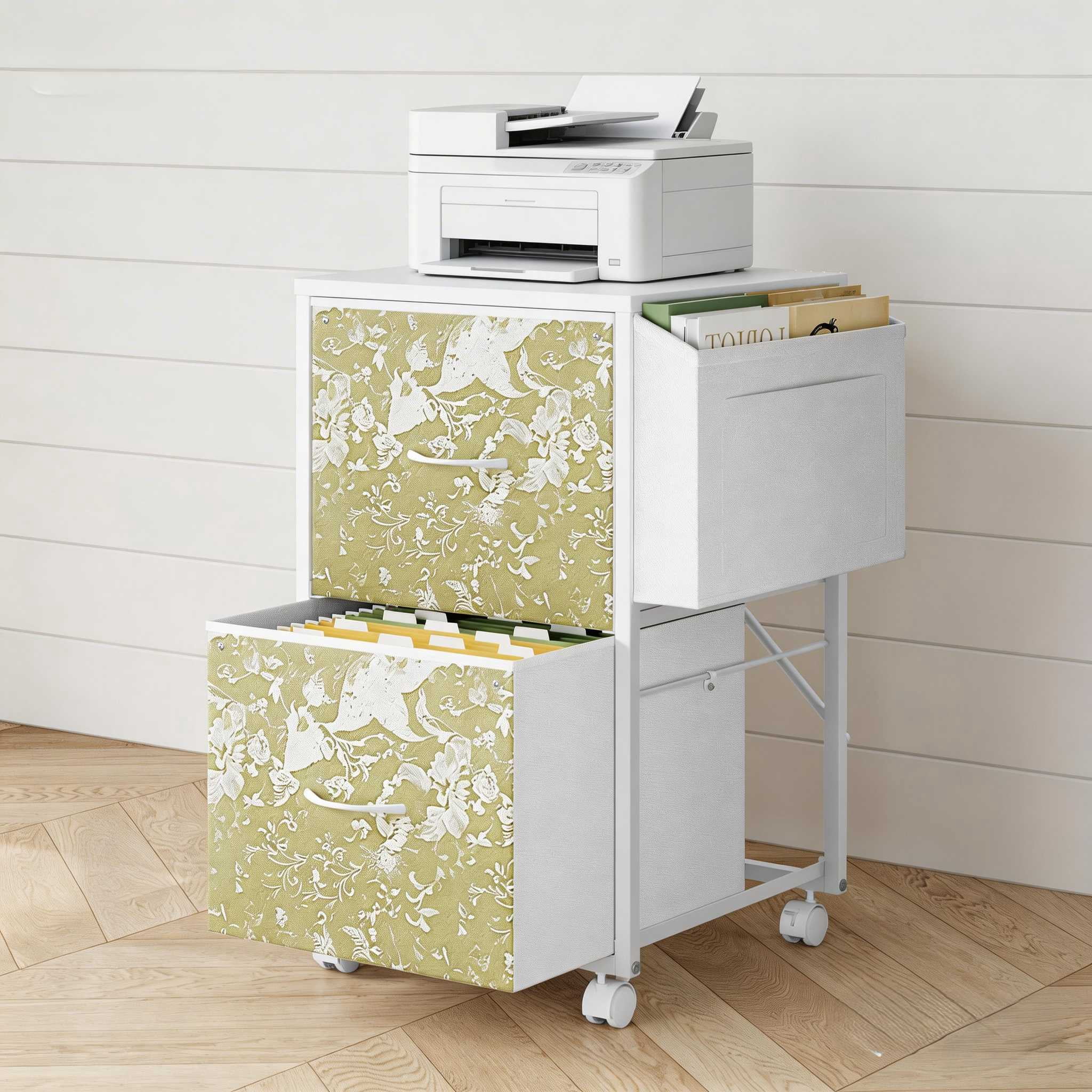 Ktaxon 2-Drawer Rolling File Cabinet with Wheels Side Bag, Fabric Drawers Printer Stand for Home Office, Fits Letter Size, White Green
