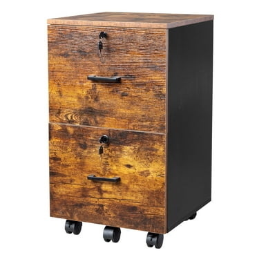 Ktaxon 2-Drawer Rolling Wood File Cabinet with Lock, Portable Vertical Mobile Wooden Storage Filing Cabinet for Home Office,Rustic Brown and Black