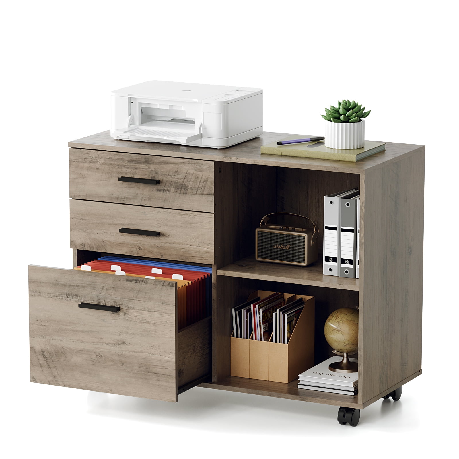 Ktaxon 3 Drawer File Cabinet with Open Shelf, Wood Rolling File Cabinet with Open Shelves,Legal & Letter Size Gray