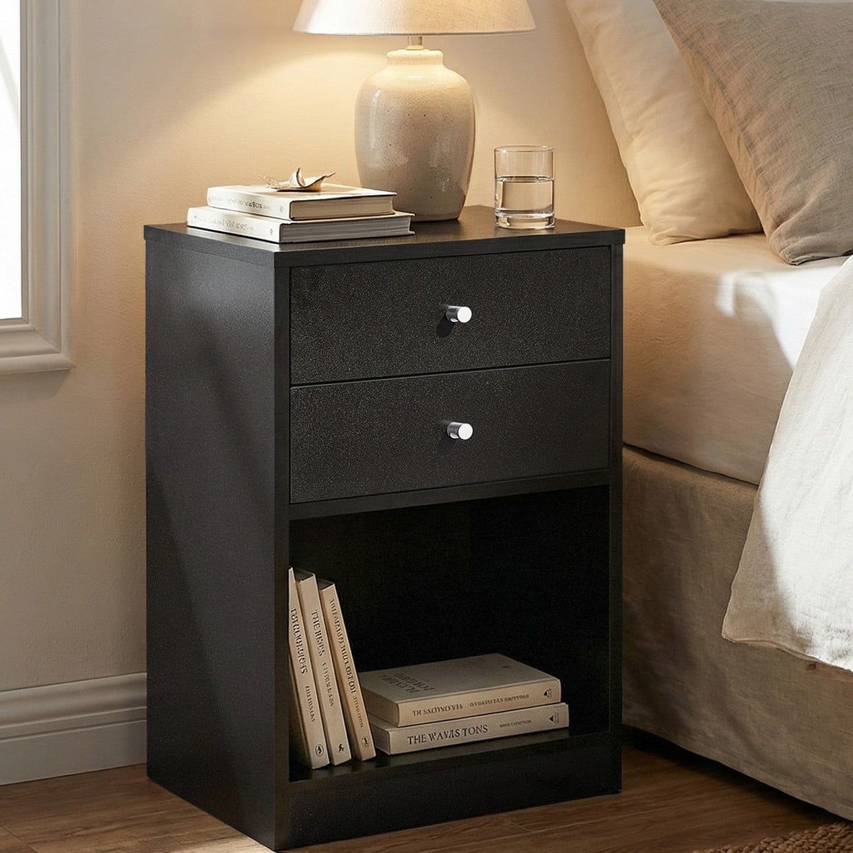 Ktaxon 2 Drawers Wooden Nightstand Side End Table Accent Wood Furniture