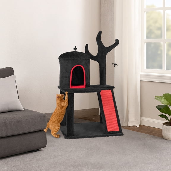 Ktaxon 2-Level Cat Tree with Scratching Post & Hideout, Halloween Pet Furniture, 54x54x106cm, Black Red