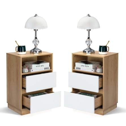 Ktaxon NightStand Set of 2 with 2 Storage Drawers BedsideTable, End Side for Bedroom, Country Style Oak