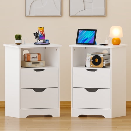Ktaxon Set of 2 NightStand with Charging Station BedsideTable with 2 Storage Drawers,End Side for Bedroom,Country Style White
