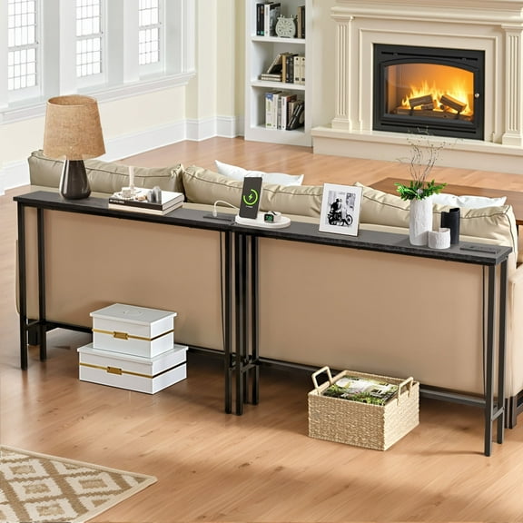 Ktaxon 2 Pack 78.7" Narrow Console Sofa Table with Charging, Long Couch Table Metal Frame with 4.9ft Extension Cord, Black