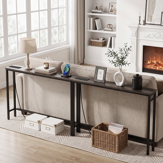 Ktaxon 2 Pack 78.7" Narrow Console Sofa Table with Charging, Long Couch Table Metal Frame with 4.9ft Extension Cord, Gray Oak