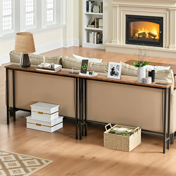 Ktaxon 2 Pack 78.7" Narrow Console Sofa Table with Charging, Long Couch Table Metal Frame with 4.9ft Extension Cord, Rustic Brown