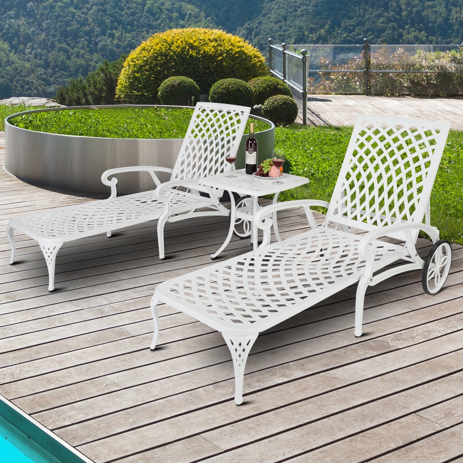 White Cast Aluminum Outdoor Chaise Lounge Set with Adjustable Backrest