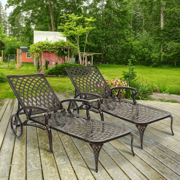 Ktaxon 2 Pack Backrest Adjustable Courtyard Cast Aluminum Lying Bed, Outdoor Chaise Sunbed, Cast Aluminum Furniture, Bronze