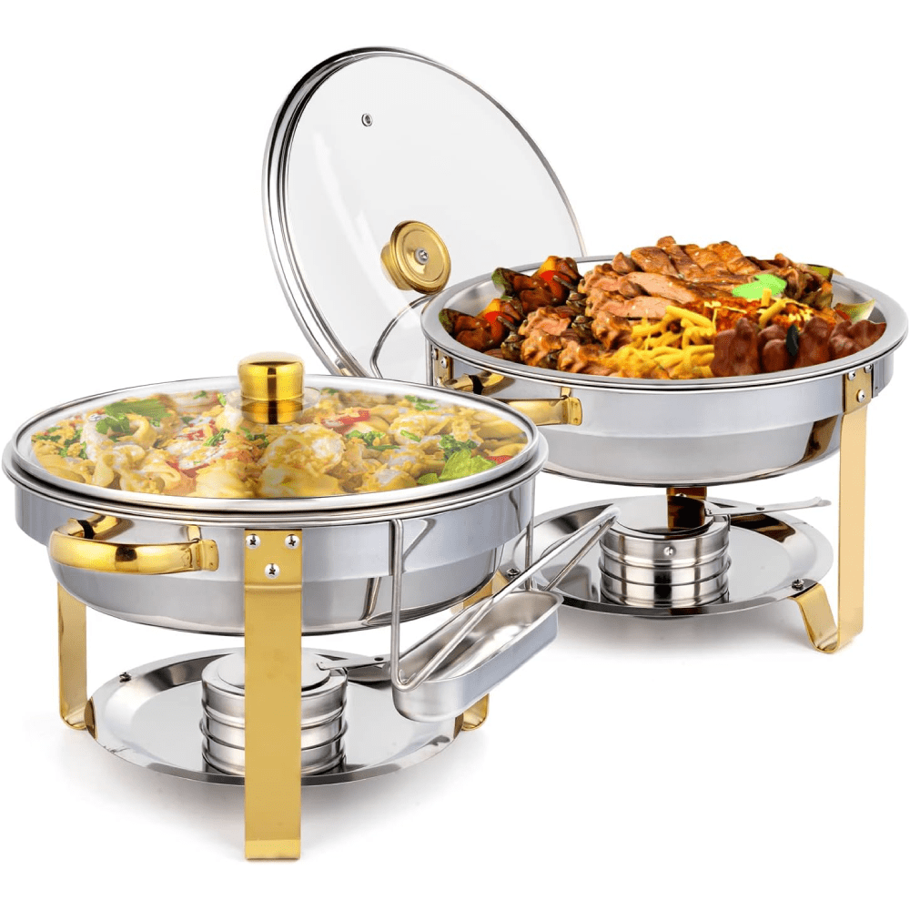 Gold Stainless Steel Round Chafing Dish Buffet Set with Glass Lid, 5QT, 2-Pack