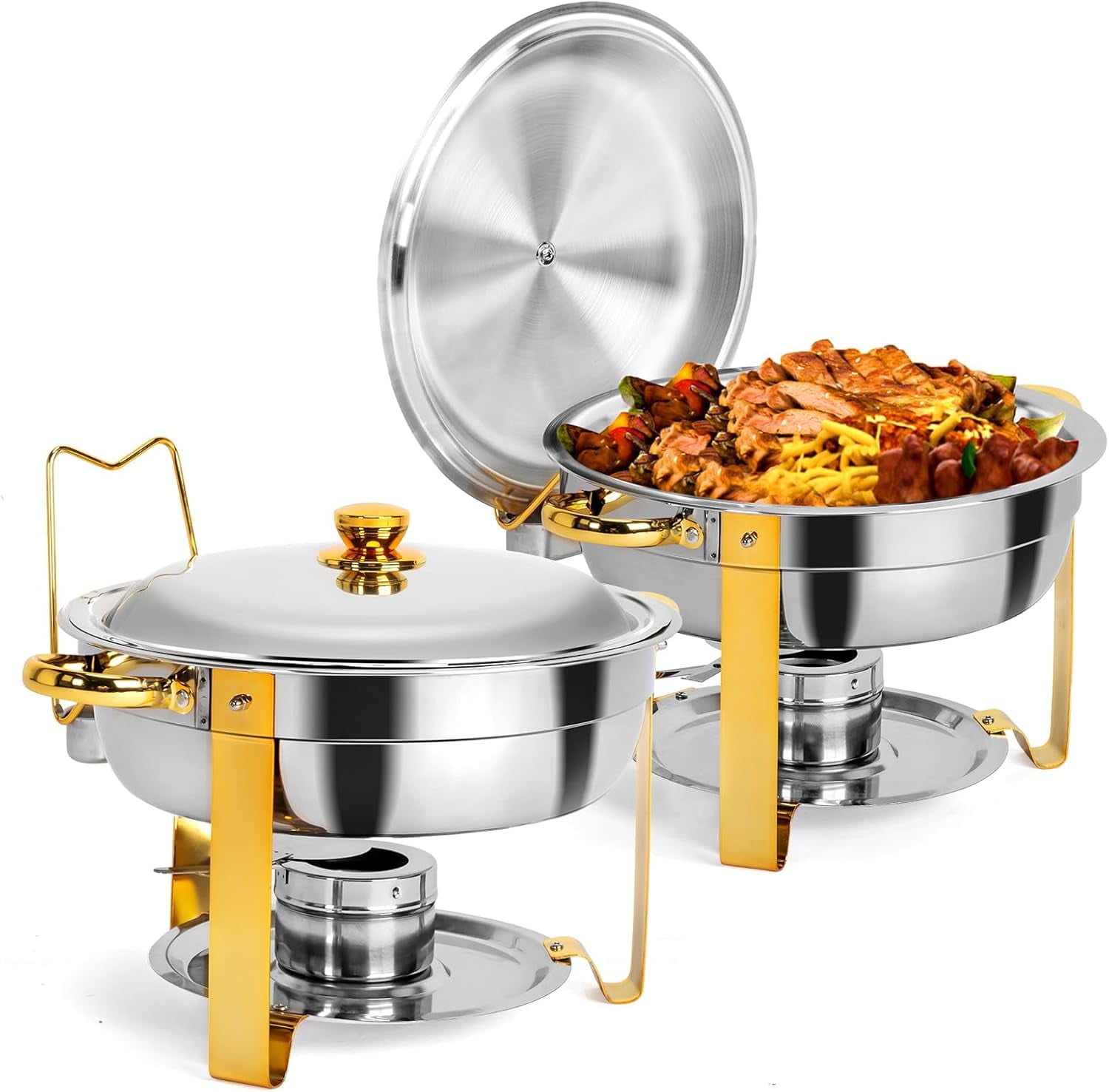 Gold Stainless Steel Round Chafing Dish Buffet Set with Glass Lid, 5QT, 2-Pack