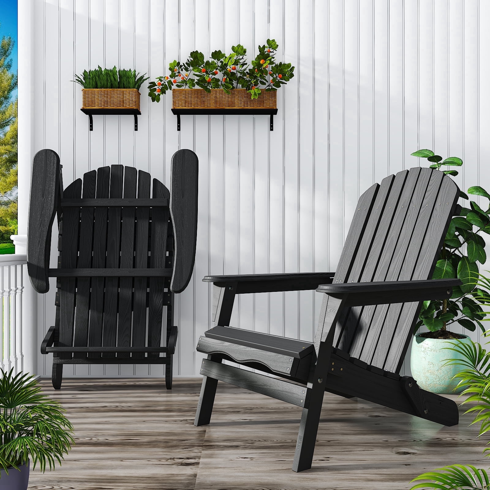 Ktaxon 2 Pack Patio Wood Adirondack Chair, Garden Chaise Chair Outdoor Folding Chair, Wooden Chair for Patio, Garden, Black
