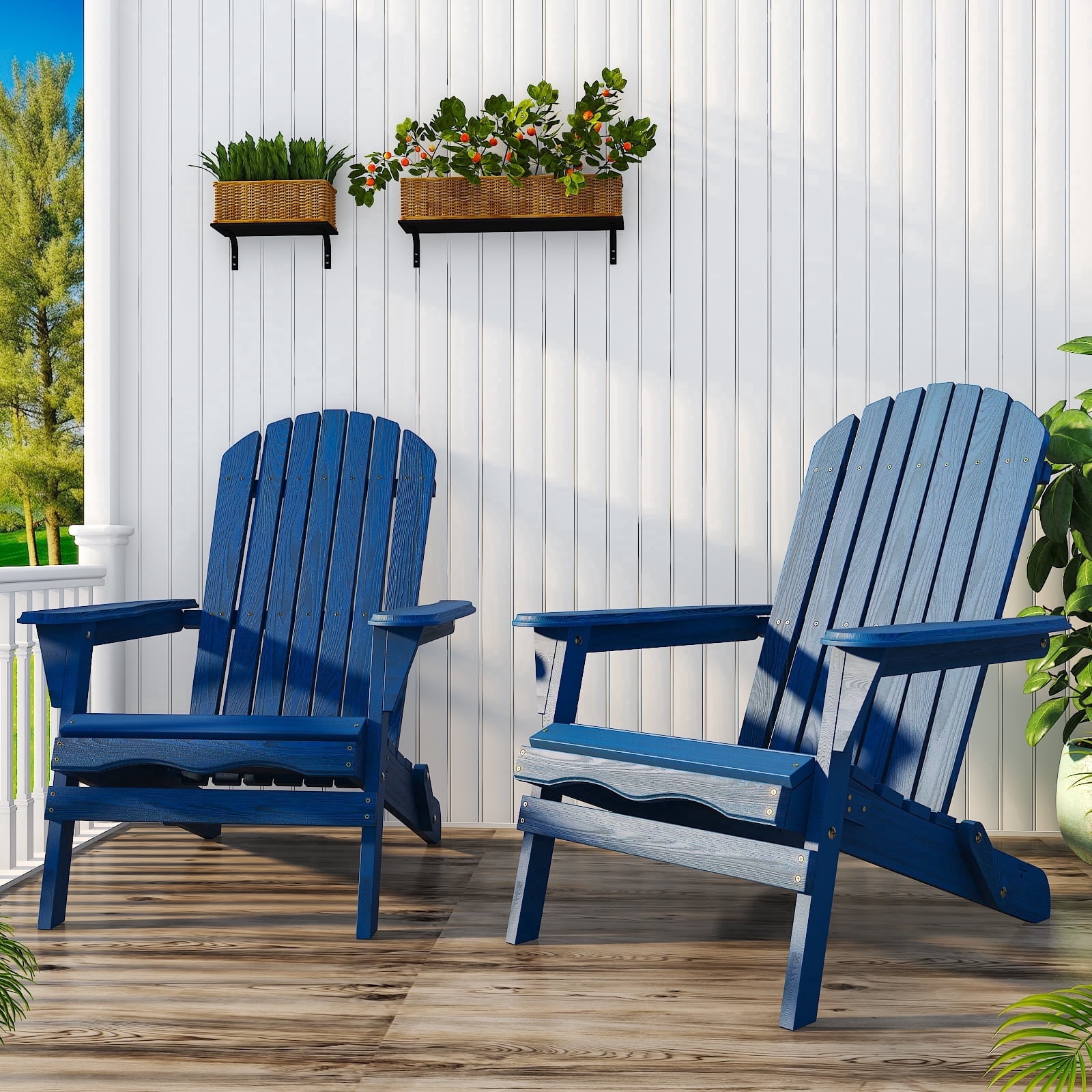 Ktaxon 2 Pack Patio Wood Adirondack Chair, Garden Chaise Chair Outdoor Folding Chair, Wooden Chair for Patio, Garden, Navy Blue
