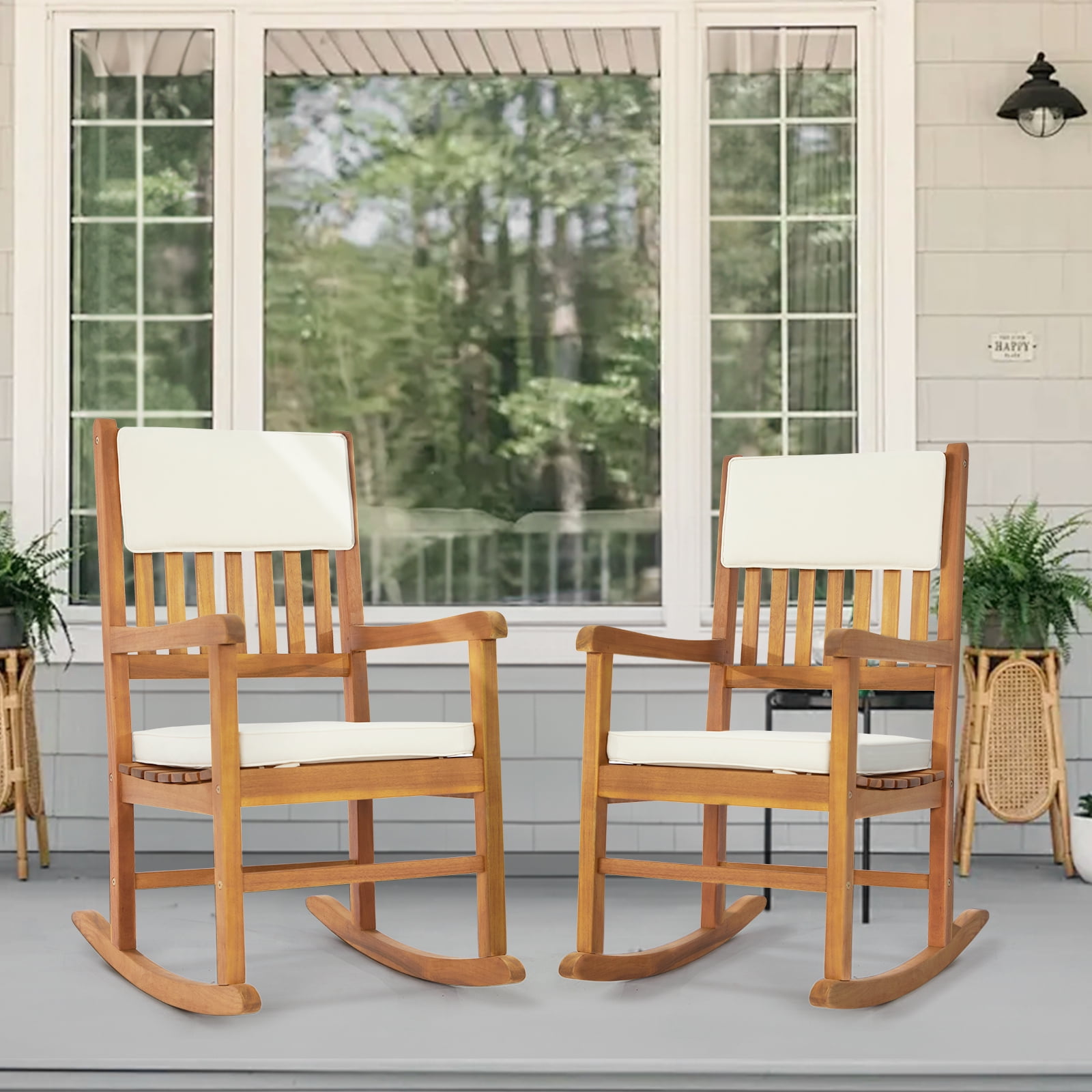 Ktaxon 2 Pack Acacia Wood Rocking Chair with Cushion, Indoor & Outdoor ...