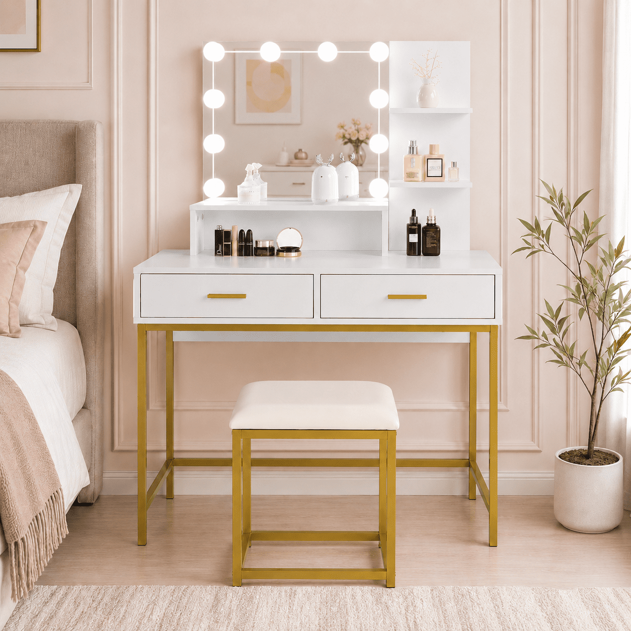 gold dressing table mirror with lights BarberPub Modern Vanity Desk with Mirror, Light Luxury Dressing Table for Bedroom 3362 main image 1
