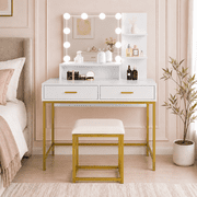 Ktaxon Vanity Table with 3 Color Lighted Mirror, Makeup Vanity Dressing Table with 10 Lights and 2 Drawers for Women, Dresser Desk Vanity Set for Bedroom, Gold White