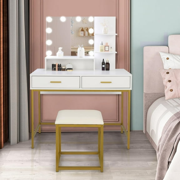 Ktaxon Vanity Table with 3 Color Lighted Mirror, Makeup Vanity Dressing Table with 10 Lights and 2 Drawers for Women, Dresser Desk Vanity Set for Bedroom, Gold (White)