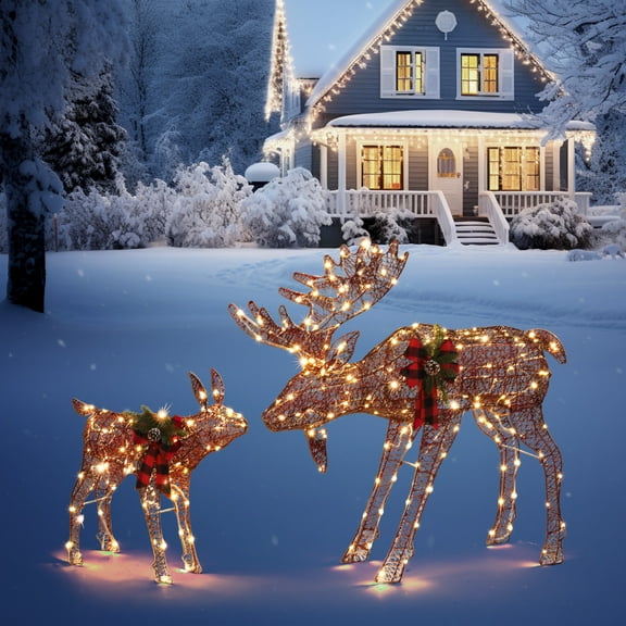 Ktaxon 2-Piece Lighted Christmas Deer Family, Outdoor Yard Decoration Set with 200 LED Lights, Stakes, Zip Ties Brown