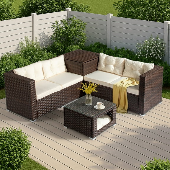 Ktaxon 4 Pieces Modular Patio Sectional with Storage Box & Pet Table, All-Weather PE Wicker, Brown Frame Peacock off-white Cushions