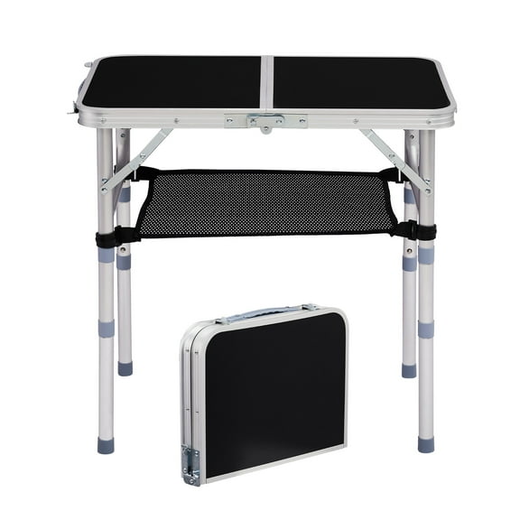 Ktaxon 2' Portable Folding Table with Adjustable Mesh Storage Bag, 3 Level Height Adjustable Camping Picnic Table with Metal Frame & Handle, Woodgrain