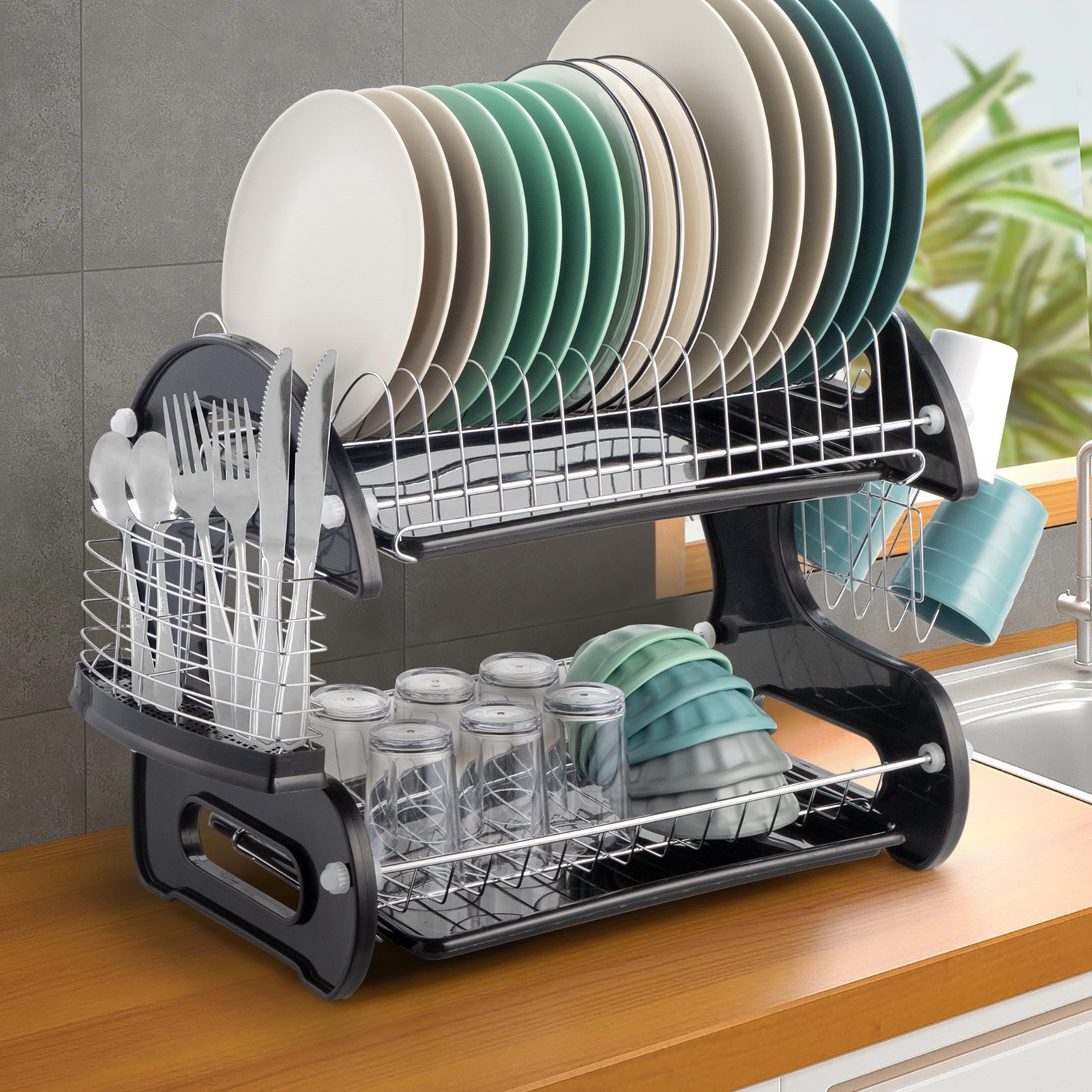 Ktaxon 2 Tier Dish Drainer Drying Rack Large Capacity Kitchen Storage Stainless Steel Holder,Washing Organizer - Overall Dimensions: 22.83" x 11" x 14.57" (L x W x H) - image 1 of 10
