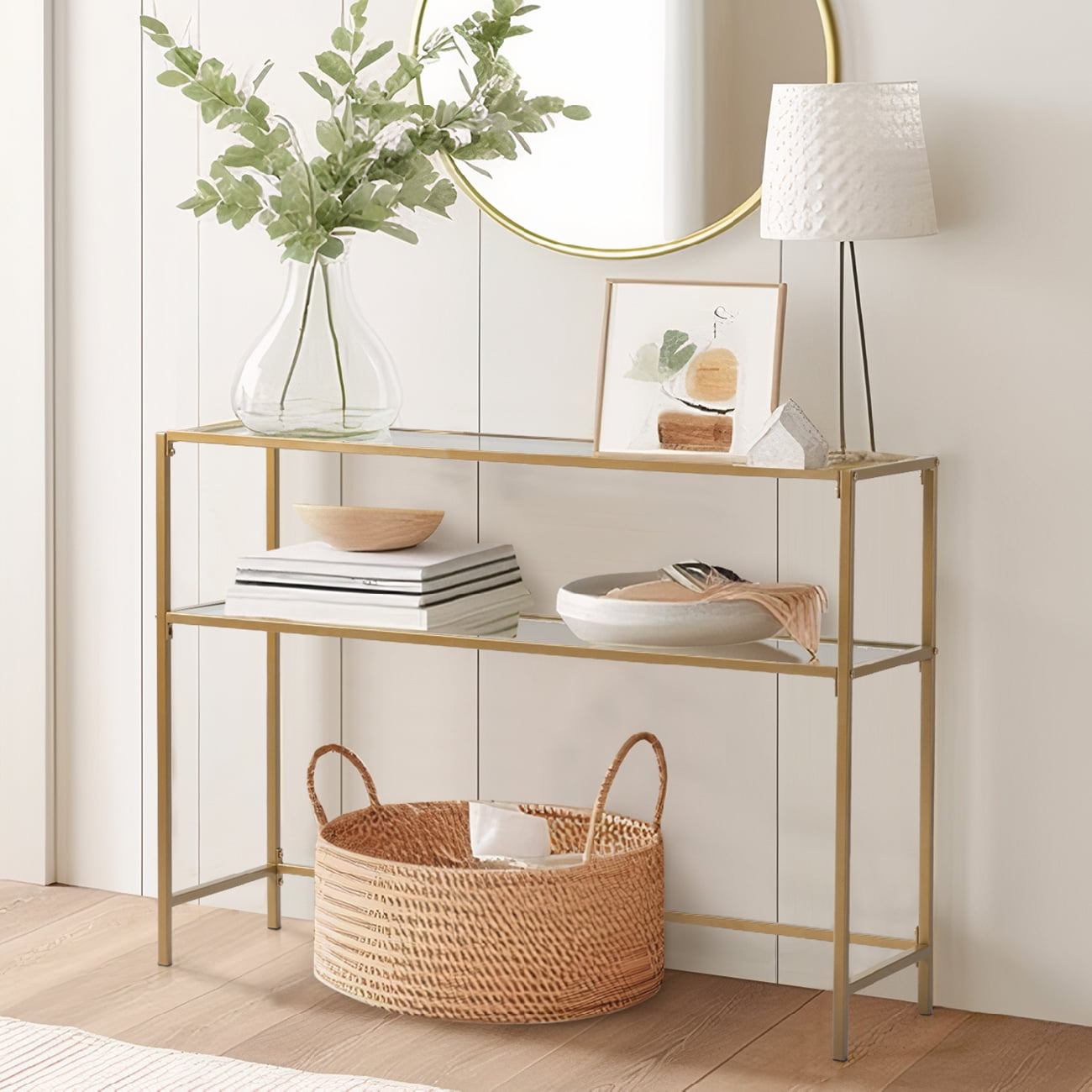 Ktaxon 2-Tier Glass Console Sofa Table, Modern Entryway Living Room Table with Tempered Glass Shelf Accent Table for Home Decor, Gold