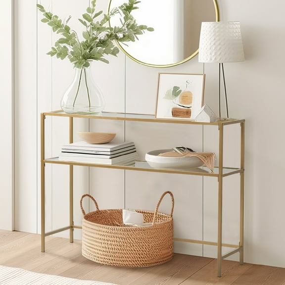 Ktaxon 2-Tier Glass Console Sofa Table, Modern Entryway Living Room Table with Tempered Glass Shelf Accent Table for Home Decor, Gold