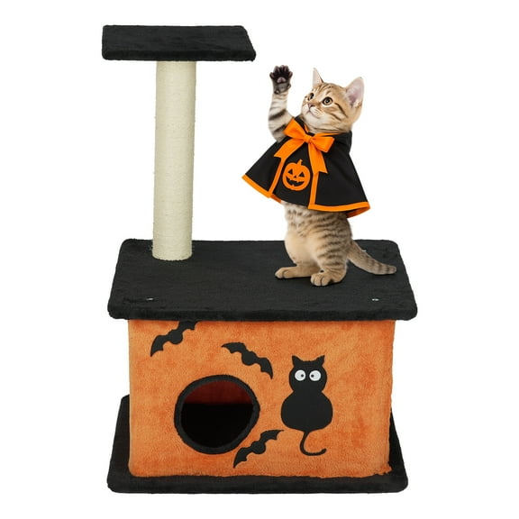 Ktaxon 2-Tier Halloween Cat Tree, 60x48x110cm Scary Face Cat Tower, Black & Orange