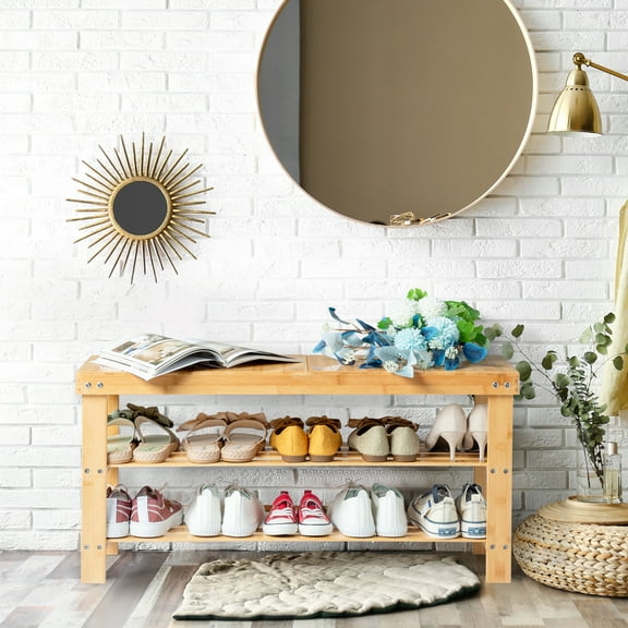 Ktaxon 2 Tier Hallway Shoe Bench Entryway Storage Natural Solid Bamboo Organizer Rack