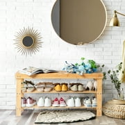 Ktaxon 2 Tier Hallway Shoe Bench Entryway Storage Natural Solid Bamboo Organizer Rack