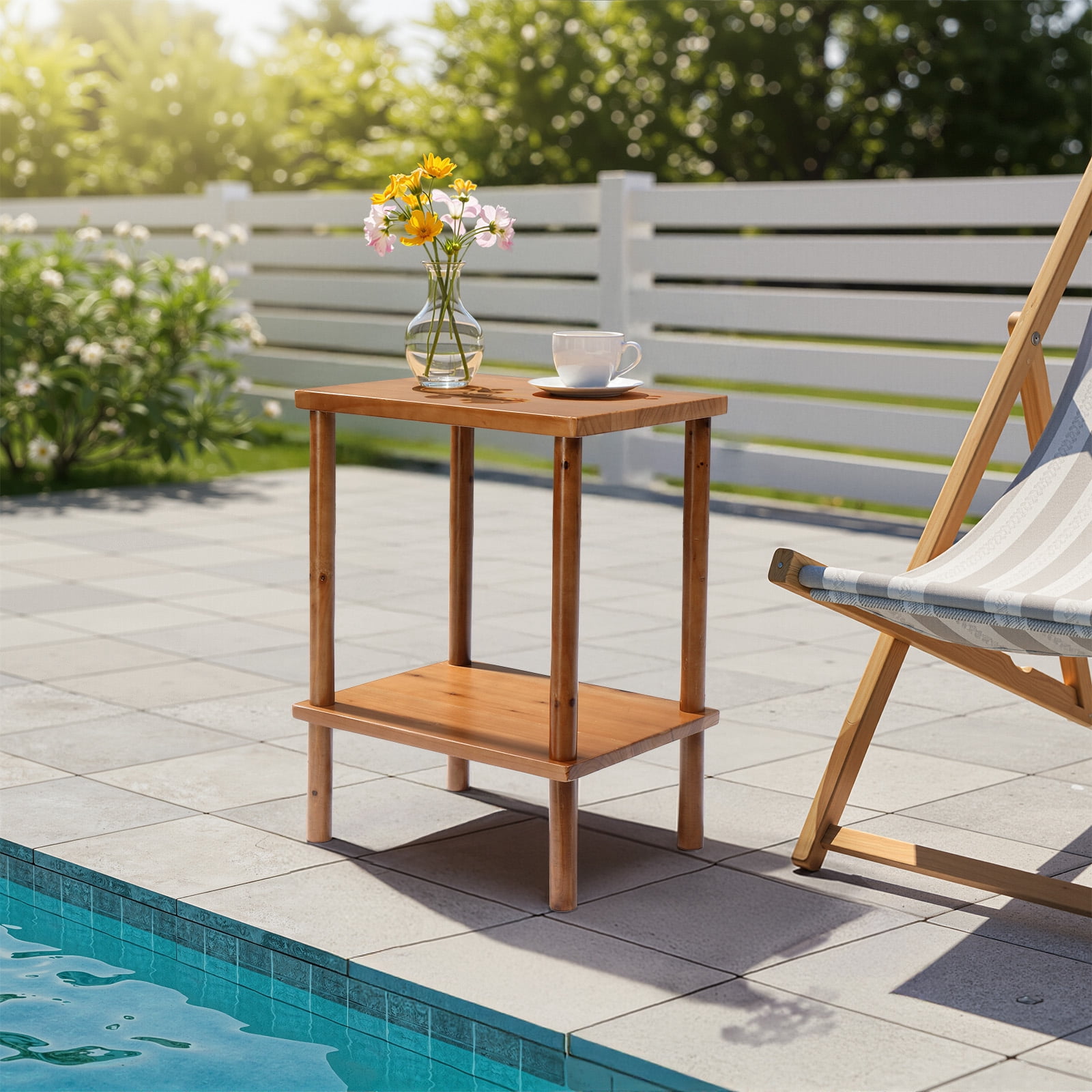 Ktaxon 2-Tier Outdoor Wood End Table, Weather Resistant Small Patio Side Table for Garden Patio Balcony Pool Indoor, Teak