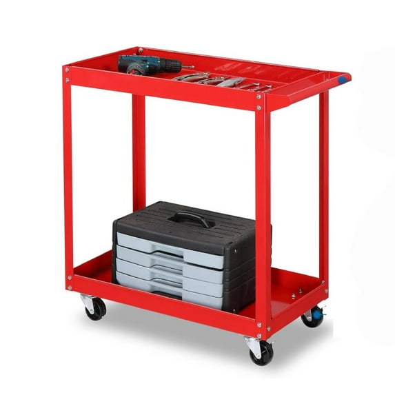 Ktaxon 2 Tier Rolling Tool Cart, Heavy Duty Steel Utility Cart Tool Organizer, Industrial Service Cart on Wheels, 220 LBS Capacity, Red