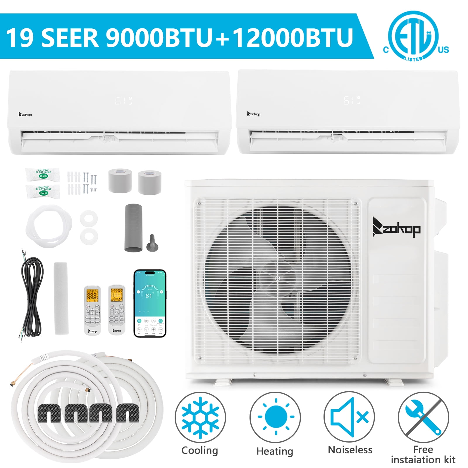 Ktaxon 2 Zone 9000 + 12000 BTU WIFI Mini Split AC/Heating System, 19 SEER2 Dual Zone 18000 BTU Ductless Split Air Conditioner with Pre-Charged Condenser, Heat Pump & 25Ft Installation Kit, 208-230V