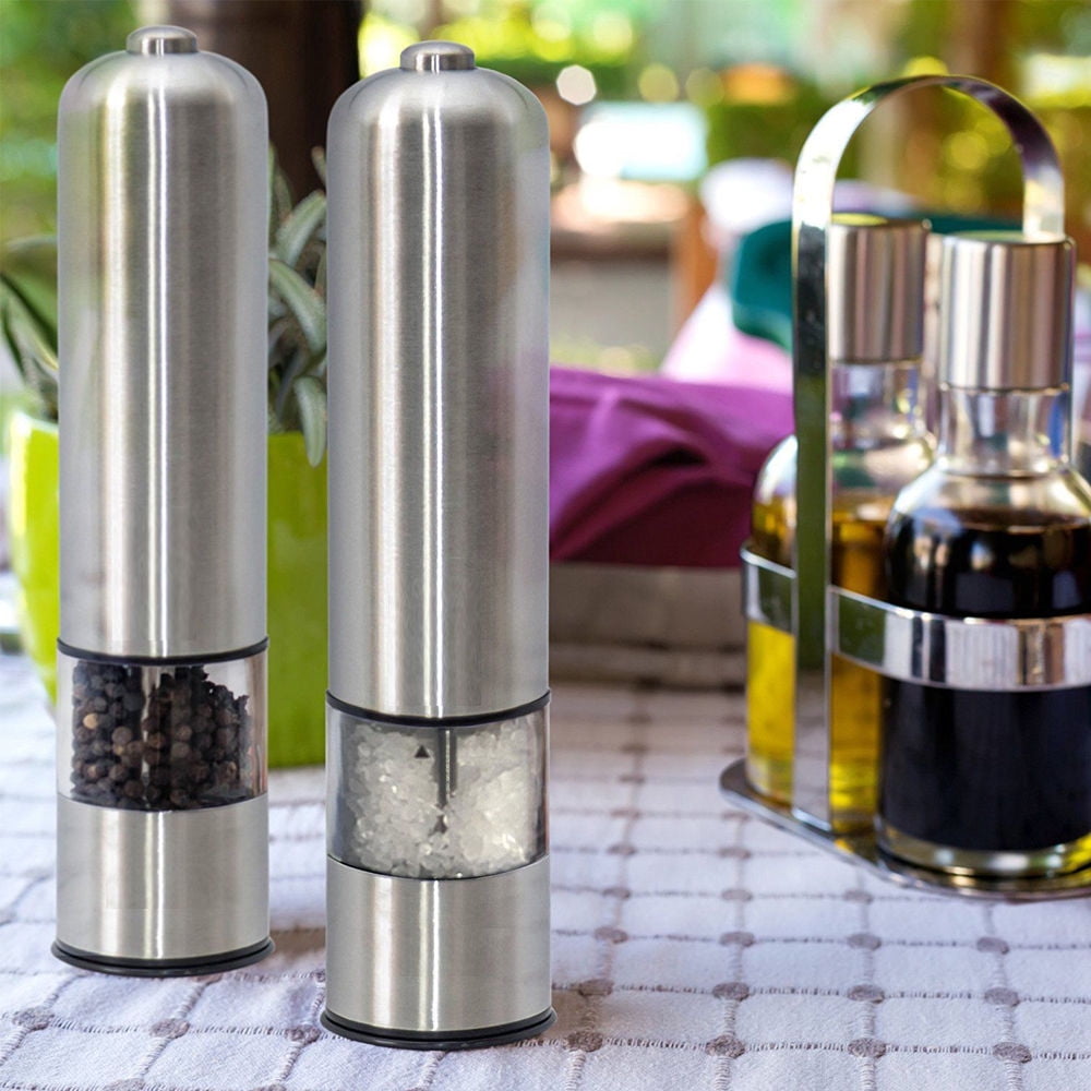 Flafster Kitchen Electric Pepper Grinder - Battery Powered Stainless Steel Salt or Pepper Mill - Silver