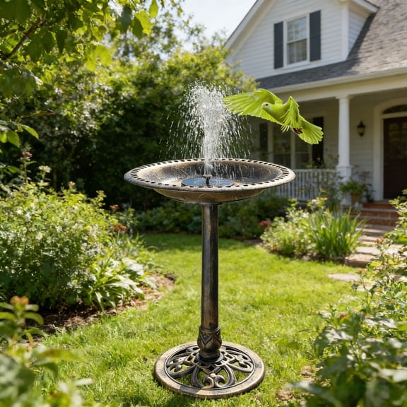 Ktaxon 20" Solar Fountain Bird Bath, Resin Round Garden Decor, 28" Height, Bronze