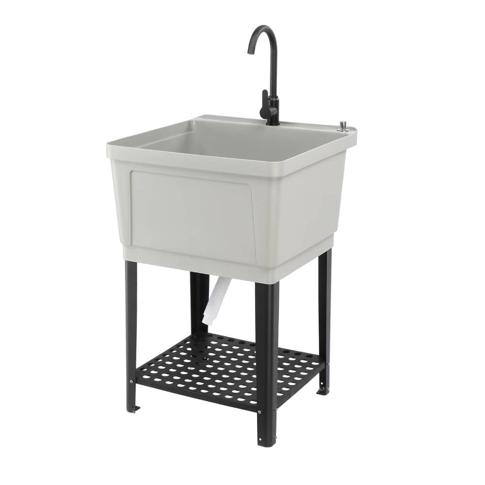 Ktaxon 21 Gallon Plastic Utility Sink with Hot/Cold Faucet, 36" Freestanding Laundry Tub with Adjustable Legs, Soap Dispenser and Pop-up Button for Bathroom, Laundry Room, Garage, Gray