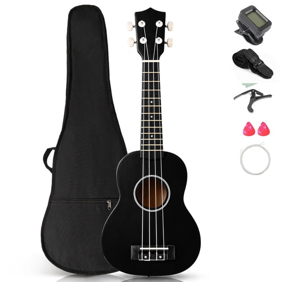 Ktaxon 21 Inch Ukulele for Beginner, Full Basswood Soprano Ukulele Starter Set with Strap, String, Tuner, Pick, Cloth, Black