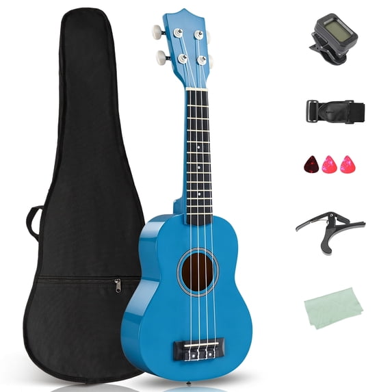 Ktaxon 21 Inch Ukulele for Beginner, Full Basswood Soprano Ukulele Starter Set with Strap, String, Tuner, Pick, Cloth, Blue