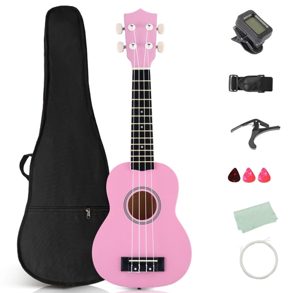 Ktaxon 21 Inch Ukulele for Beginner, Full Basswood Soprano Ukulele Starter Set with Strap, String, Tuner, Pick, Cloth, Pink