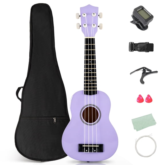 Ktaxon 21 Inch Ukulele for Beginner, Full Basswood Soprano Ukulele Starter Set with Strap, String, Tuner, Pick, Cloth, Purple