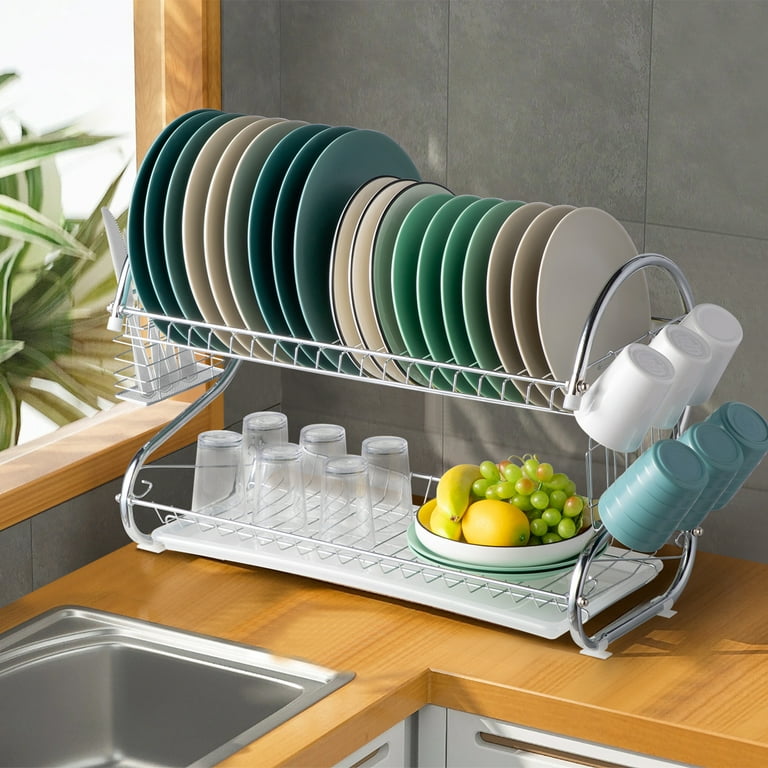 1 Set Dish Rack With Drainboard, 2 Tier Dish Rack For Kitchen