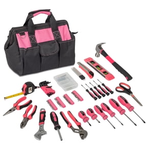 Ktaxon 221pcs Tool Set, Household Repair Hand Tool Kit Pink, with 12-Inch Wide Mouth Open Storage Tool Bag