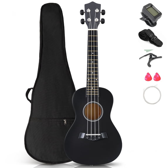 Ktaxon 23 Inch Ukulele for Beginner, Full Basswood Soprano Ukulele Starter Set with Strap, String, Tuner, Pick, Cloth, Black