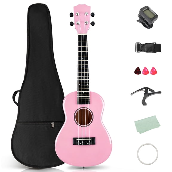 Ktaxon 23 Inch Ukulele for Beginner, Full Basswood Soprano Ukulele Starter Set with Strap, String, Tuner, Pick, Cloth, Pink
