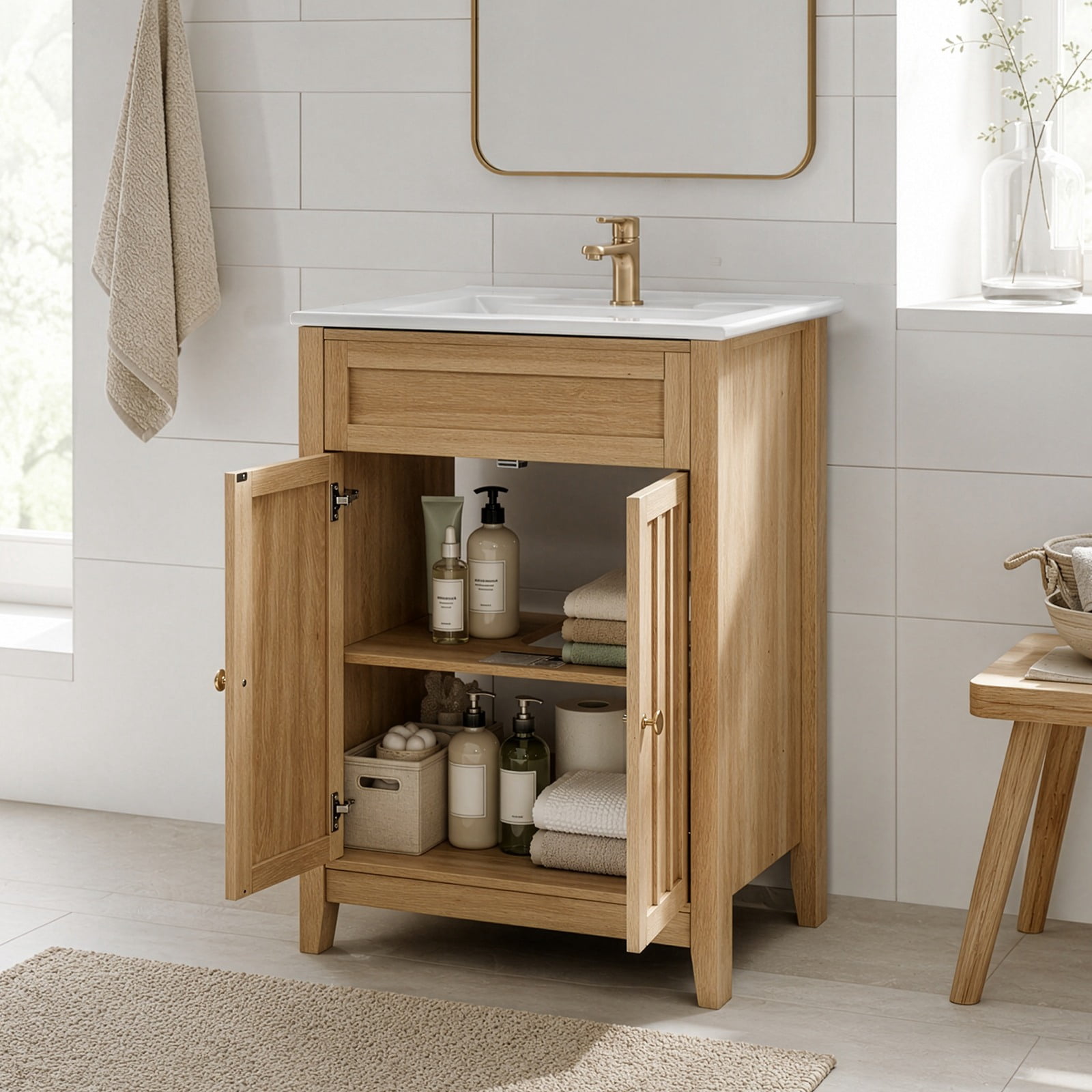 Ktaxon 24'' Bathroom Vanity Set with Sink Ceramic Top & U - shaped Shelf, Oak (Split Two Packages for Delivery)