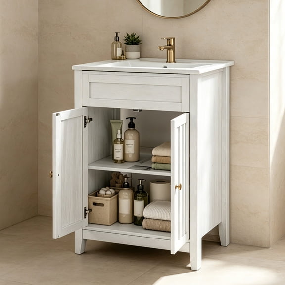 Ktaxon 24'' Bathroom Vanity Set with Sink Ceramic Top & U - shaped Shelf, Washed White (Split Two Packages for Delivery)