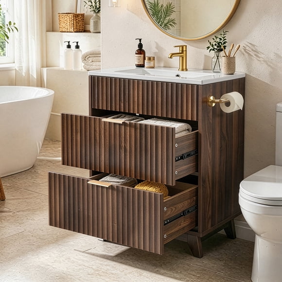 Ktaxon 24" Fluted Bathroom Vanity with Sink Top, Freestanding Sink Cabinet with 2 Drawers & 1 Flip-Down Drawer, Walnut (Split Two Packages for Delivery)