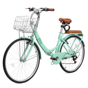 Ktaxon 24 Inch Folding Beach Cruiser Bike, 7 Speed Womens Bike with Foldable Basket, Lock & Rack, Green
