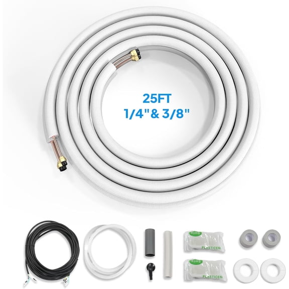 Ktaxon 25 Ft Mini Split Line Set, 1/4"& 3/8" O.D. Flared Copper Tubing Pipes& 3/8" Thickened PE Insulated Coil Nuts& Installation Kit Air Conditioner& Heat Pump System